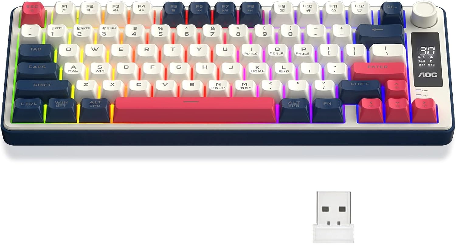 AOC GK280 Teclado sem fio 70%, Bluetooth Trimodo /2.4 GHz/USB-C, Teclado Gamer RGB LED Rainbow, Ideal para Jogos e Digitação, Ergonômico, Bateria Reca